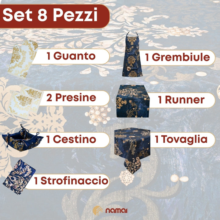 Set 8 Pezzi Danubio Blu, 100% Cotone, Lavabili in Lavatrice, Resistenti al Calore, Tovaglia Cotone, Runner Tavolo, Set Presine da Cucina e Strofinacci