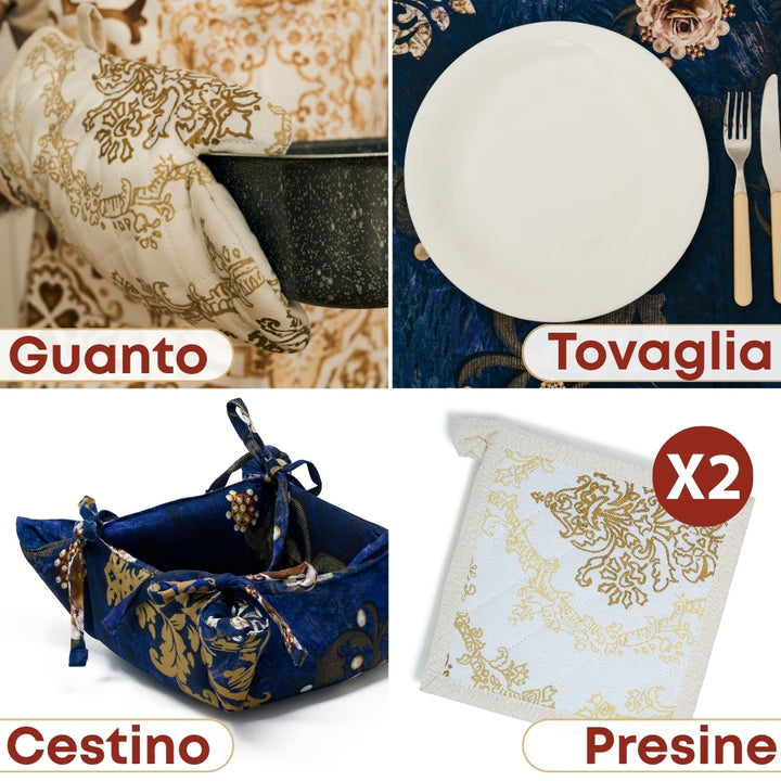Set 8 Pezzi Danubio Blu, 100% Cotone, Lavabili in Lavatrice, Resistenti al Calore, Tovaglia Cotone, Runner Tavolo, Set Presine da Cucina e Strofinacci