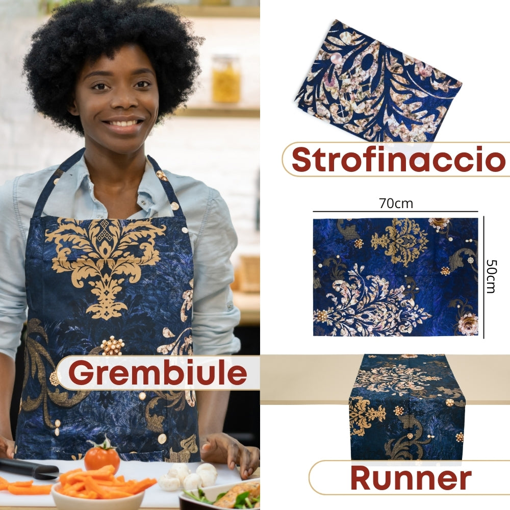 Set 8 Pezzi Danubio Blu, 100% Cotone, Lavabili in Lavatrice, Resistenti al Calore, Tovaglia Cotone, Runner Tavolo, Set Presine da Cucina e Strofinacci