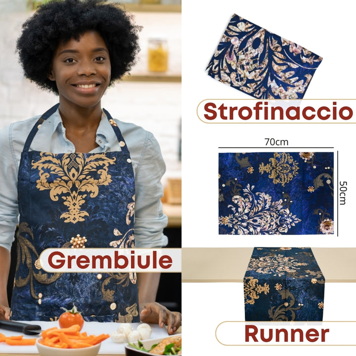 Set 8 Pezzi Danubio Blu, 100% Cotone, Lavabili in Lavatrice, Resistenti al Calore, Tovaglia Cotone, Runner Tavolo, Set Presine da Cucina e Strofinacci