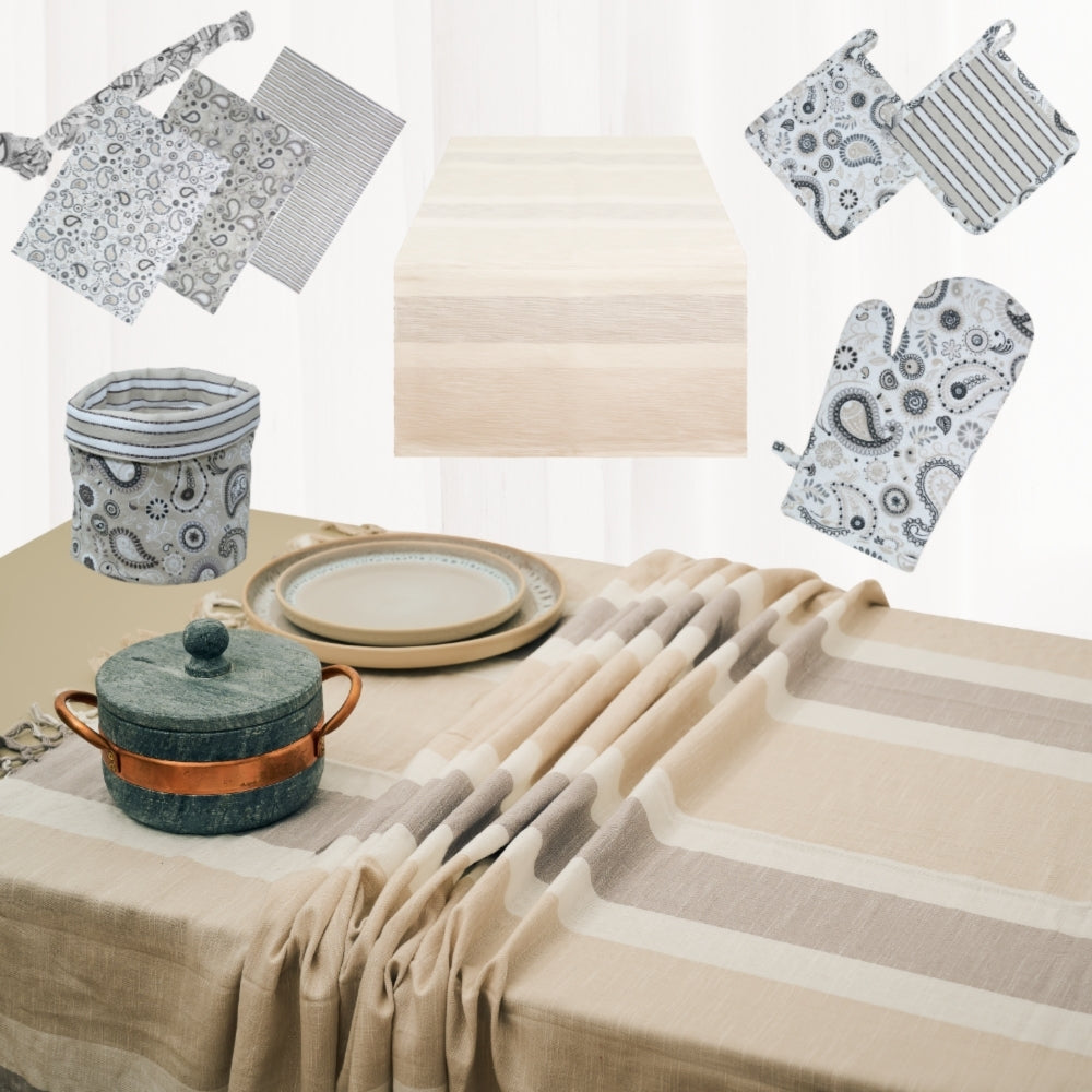 Set 9 Pezzi Shanti Righe, 100% Cotone, Lavabili in Lavatrice, Resistenti al Calore, Tovaglia Cotone, Runner Tavolo, Set Presine da Cucina e Strofinacci