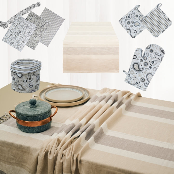 Set 9 Pezzi Shanti Righe, 100% Cotone, Lavabili in Lavatrice, Resistenti al Calore, Tovaglia Cotone, Runner Tavolo, Set Presine da Cucina e Strofinacci