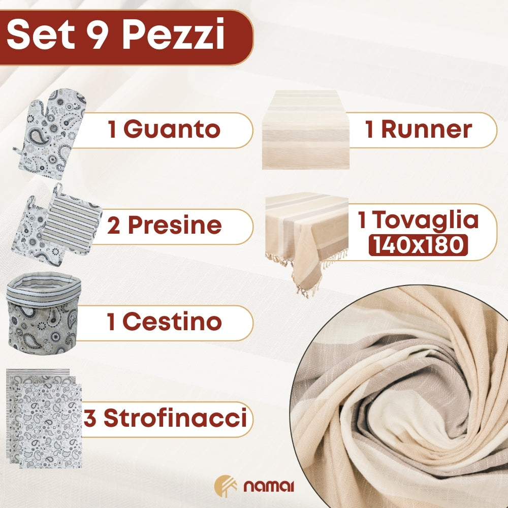 Set 9 Pezzi Shanti Righe, 100% Cotone, Lavabili in Lavatrice, Resistenti al Calore, Tovaglia Cotone, Runner Tavolo, Set Presine da Cucina e Strofinacci