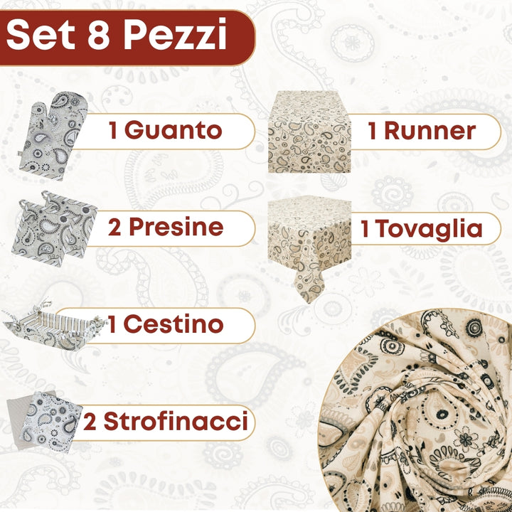 Set 8 Pezzi Shanti, 100% Cotone, Lavabili in Lavatrice, Resistenti al Calore, Tovaglia Cotone, Runner Tavolo, Set Presine da Cucina e Strofinacci