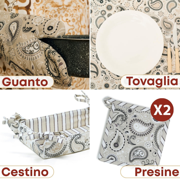 Set 8 Pezzi Shanti, 100% Cotone, Lavabili in Lavatrice, Resistenti al Calore, Tovaglia Cotone, Runner Tavolo, Set Presine da Cucina e Strofinacci