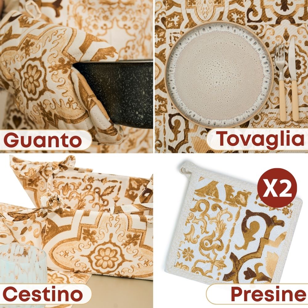 Set 9 Pezzi Excalibur, 100% Cotone, Lavabili in Lavatrice, Resistenti al Calore, Tovaglia Cotone, Runner Tavolo, Set Presine da Cucina e Strofinacci