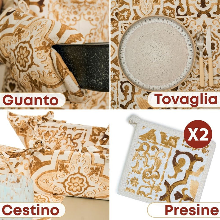 Set 9 Pezzi Excalibur, 100% Cotone, Lavabili in Lavatrice, Resistenti al Calore, Tovaglia Cotone, Runner Tavolo, Set Presine da Cucina e Strofinacci