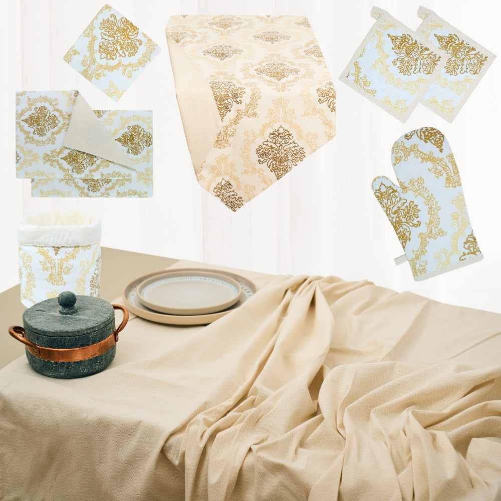 Set 9 Pezzi Danubio Blu Lurex, 100% Cotone, Lavabili in Lavatrice, Resistenti al Calore, Tovaglia Cotone, Runner Tavolo, Set Presine da Cucina e Strofinacci
