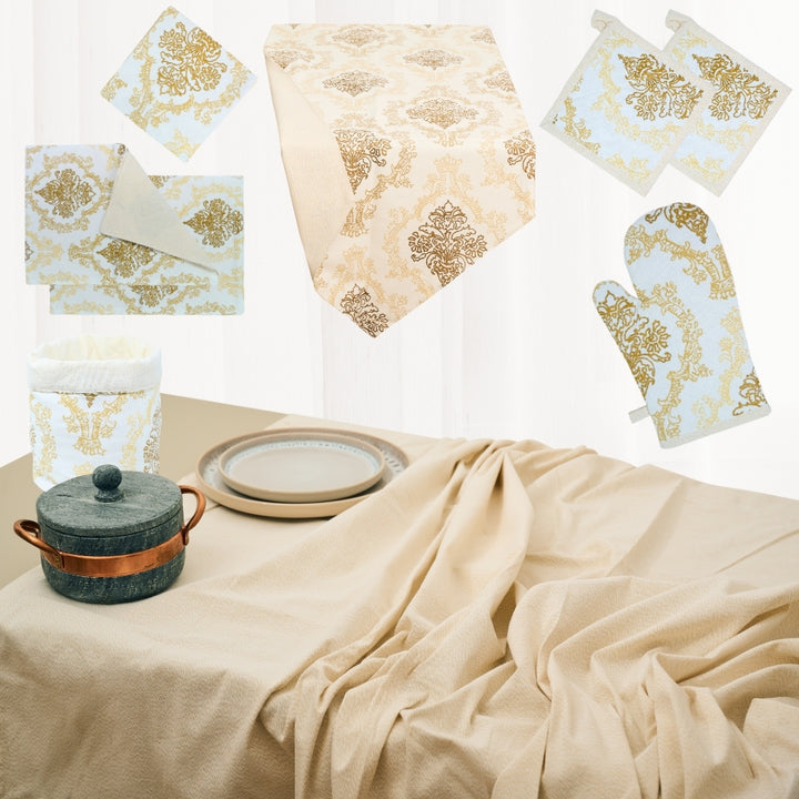 Set 9 Pezzi Danubio Blu Lurex, 100% Cotone, Lavabili in Lavatrice, Resistenti al Calore, Tovaglia Cotone, Runner Tavolo, Set Presine da Cucina e Strofinacci