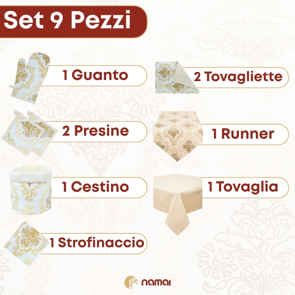 Set 9 Pezzi Danubio Blu Lurex, 100% Cotone, Lavabili in Lavatrice, Resistenti al Calore, Tovaglia Cotone, Runner Tavolo, Set Presine da Cucina e Strofinacci
