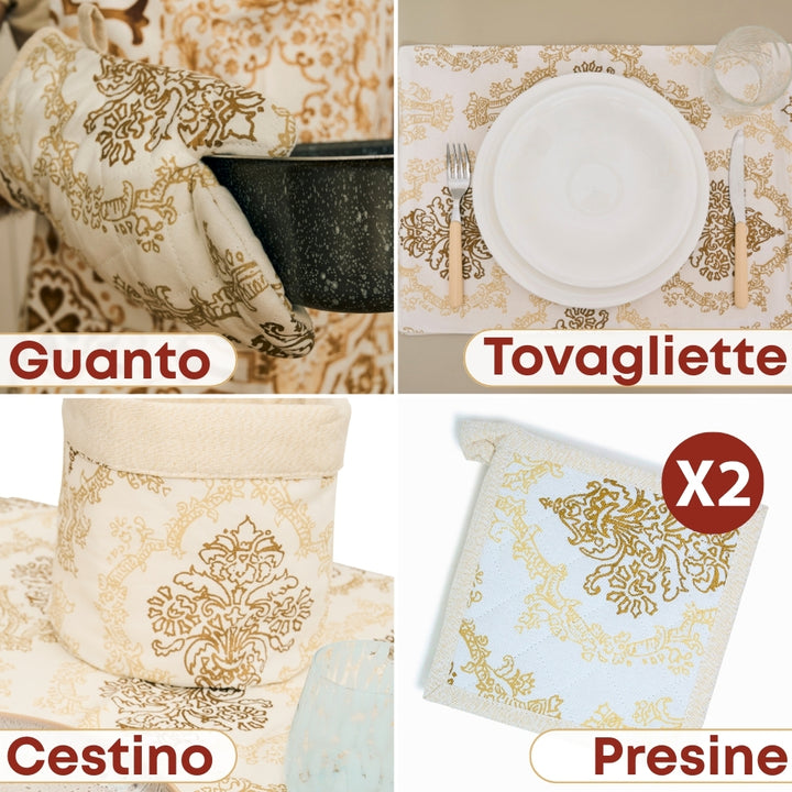 Set 9 Pezzi Danubio Blu Lurex, 100% Cotone, Lavabili in Lavatrice, Resistenti al Calore, Tovaglia Cotone, Runner Tavolo, Set Presine da Cucina e Strofinacci