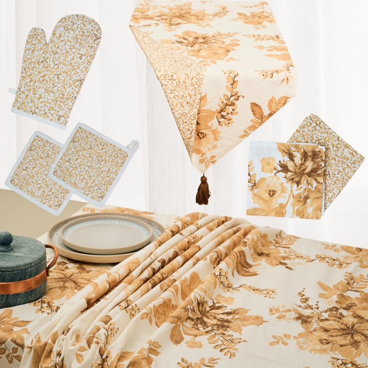 Set 7 Pezzi Excalibur Fiori, 100% Cotone, Lavabili in Lavatrice, Resistenti al Calore, Tovaglia Cotone, Runner Tavolo, Set Presine da Cucina e Strofinacci