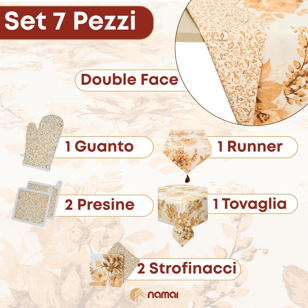 Set 7 Pezzi Excalibur Fiori, 100% Cotone, Lavabili in Lavatrice, Resistenti al Calore, Tovaglia Cotone, Runner Tavolo, Set Presine da Cucina e Strofinacci