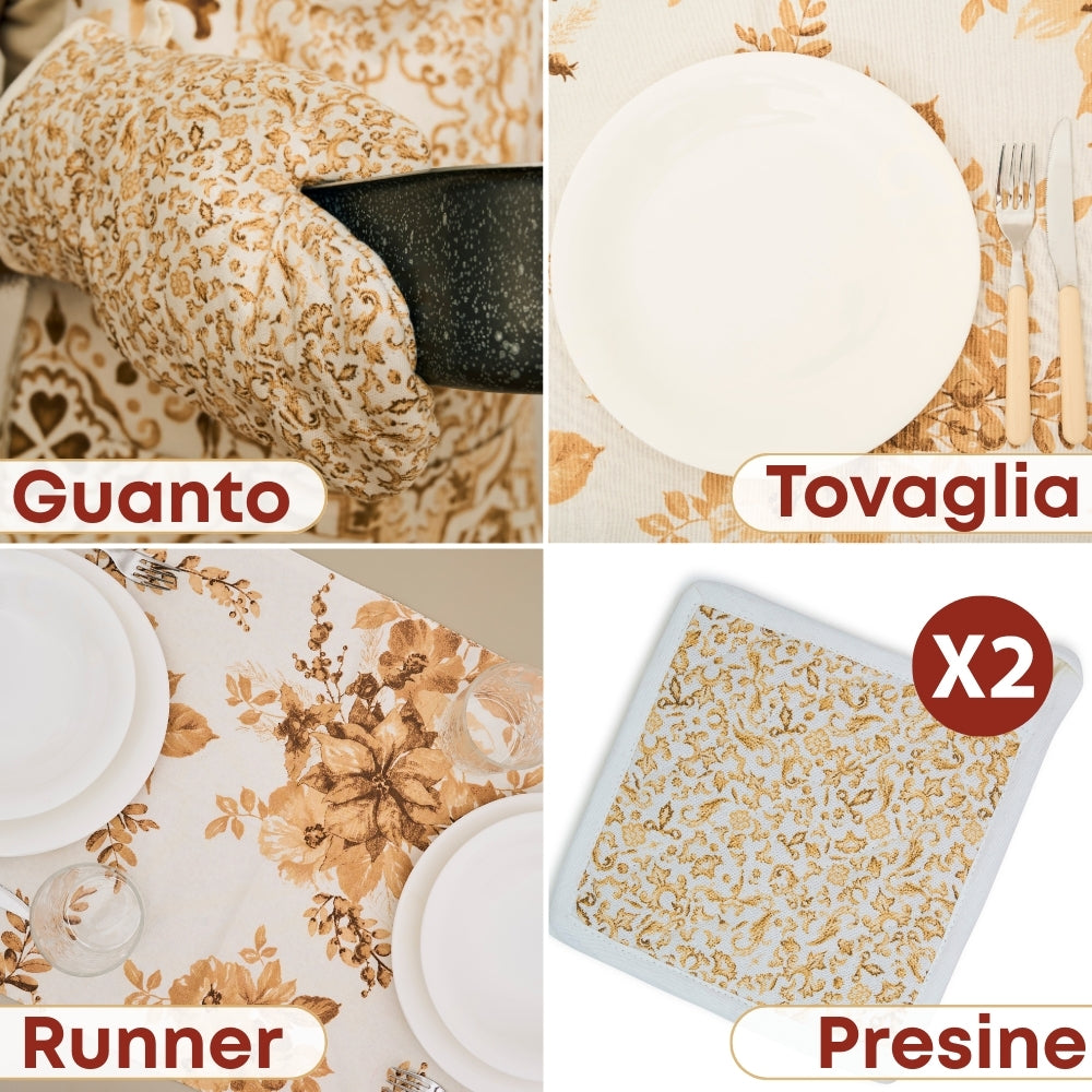 Set 7 Pezzi Excalibur Fiori, 100% Cotone, Lavabili in Lavatrice, Resistenti al Calore, Tovaglia Cotone, Runner Tavolo, Set Presine da Cucina e Strofinacci