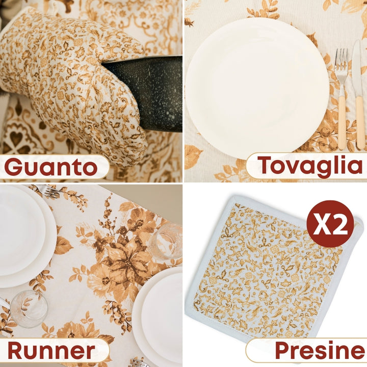 Set 7 Pezzi Excalibur Fiori, 100% Cotone, Lavabili in Lavatrice, Resistenti al Calore, Tovaglia Cotone, Runner Tavolo, Set Presine da Cucina e Strofinacci
