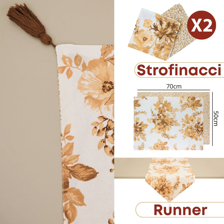 Set 7 Pezzi Excalibur Fiori, 100% Cotone, Lavabili in Lavatrice, Resistenti al Calore, Tovaglia Cotone, Runner Tavolo, Set Presine da Cucina e Strofinacci