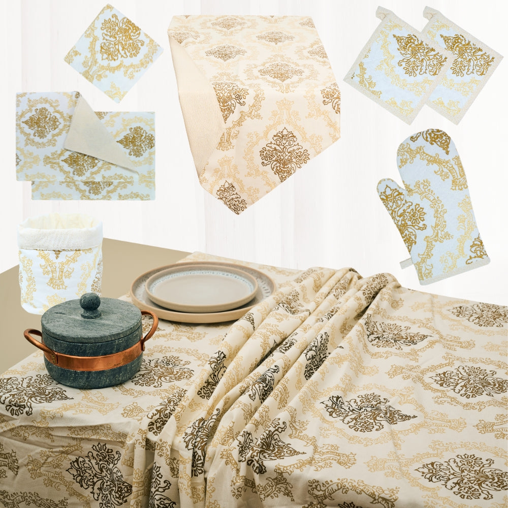 Set 9 Pezzi Danubio Blu Lurex, 100% Cotone, Lavabili in Lavatrice, Resistenti al Calore, Tovaglia Cotone, Runner Tavolo, Set Presine da Cucina e Strofinacci