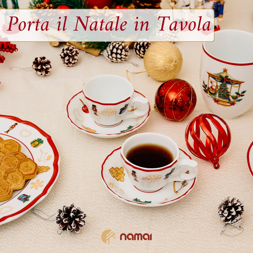 Set di 2 Tazzine Caffe Con Piattino Natalizie, Porcellana Resistente, 60 ML, Adatte In Lavastoviglie e Microonde
