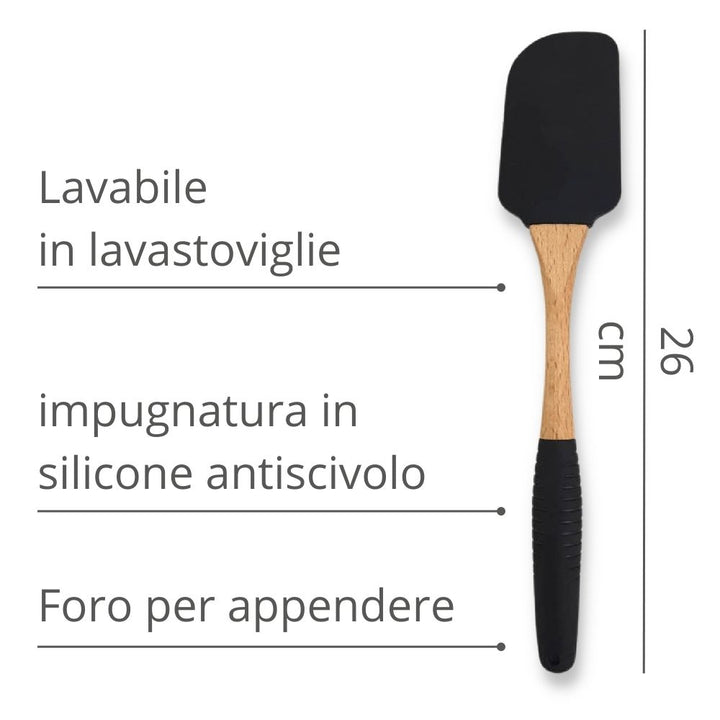 Lecca pentole nero utilizzabile su padelle antiaderenti, con impugnatura in silicone antiscivolo e con foro per appendere. L26cm