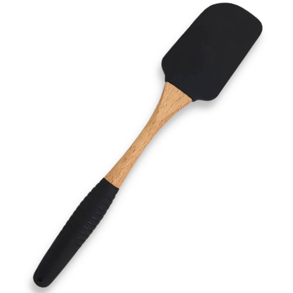 Lecca pentole nero utilizzabile su padelle antiaderenti, con impugnatura in silicone antiscivolo e con foro per appendere.