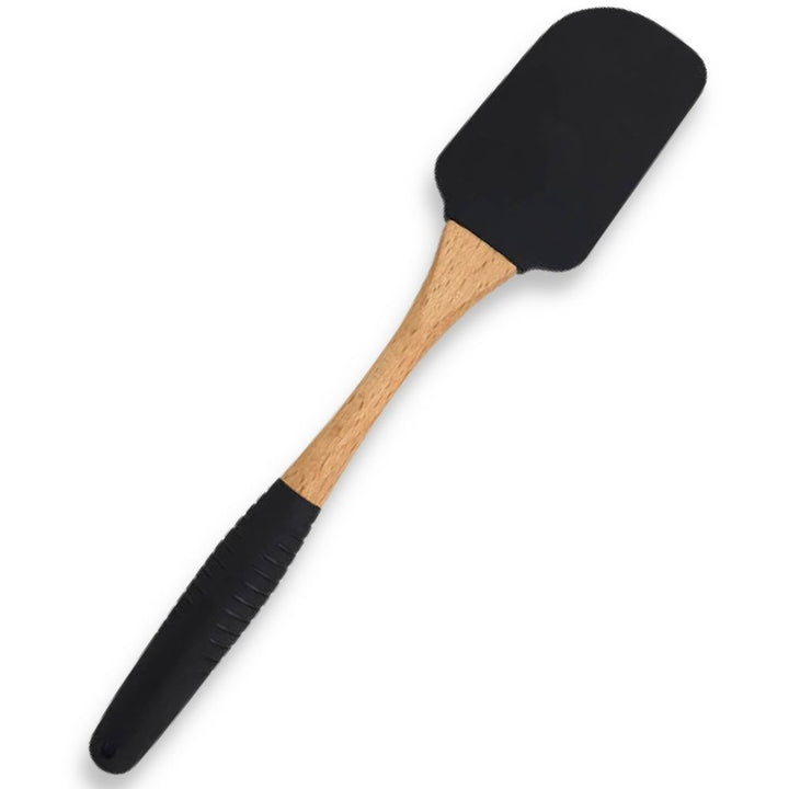 Lecca pentole nero utilizzabile su padelle antiaderenti, con impugnatura in silicone antiscivolo e con foro per appendere.