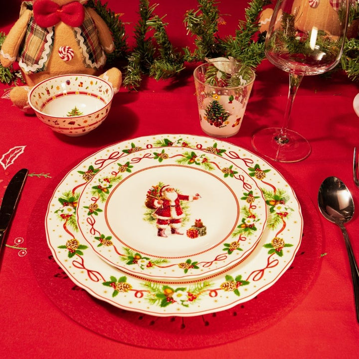 Piatti decorati natalizi babbo natale sottopiatto rosso tavola apparecchiata