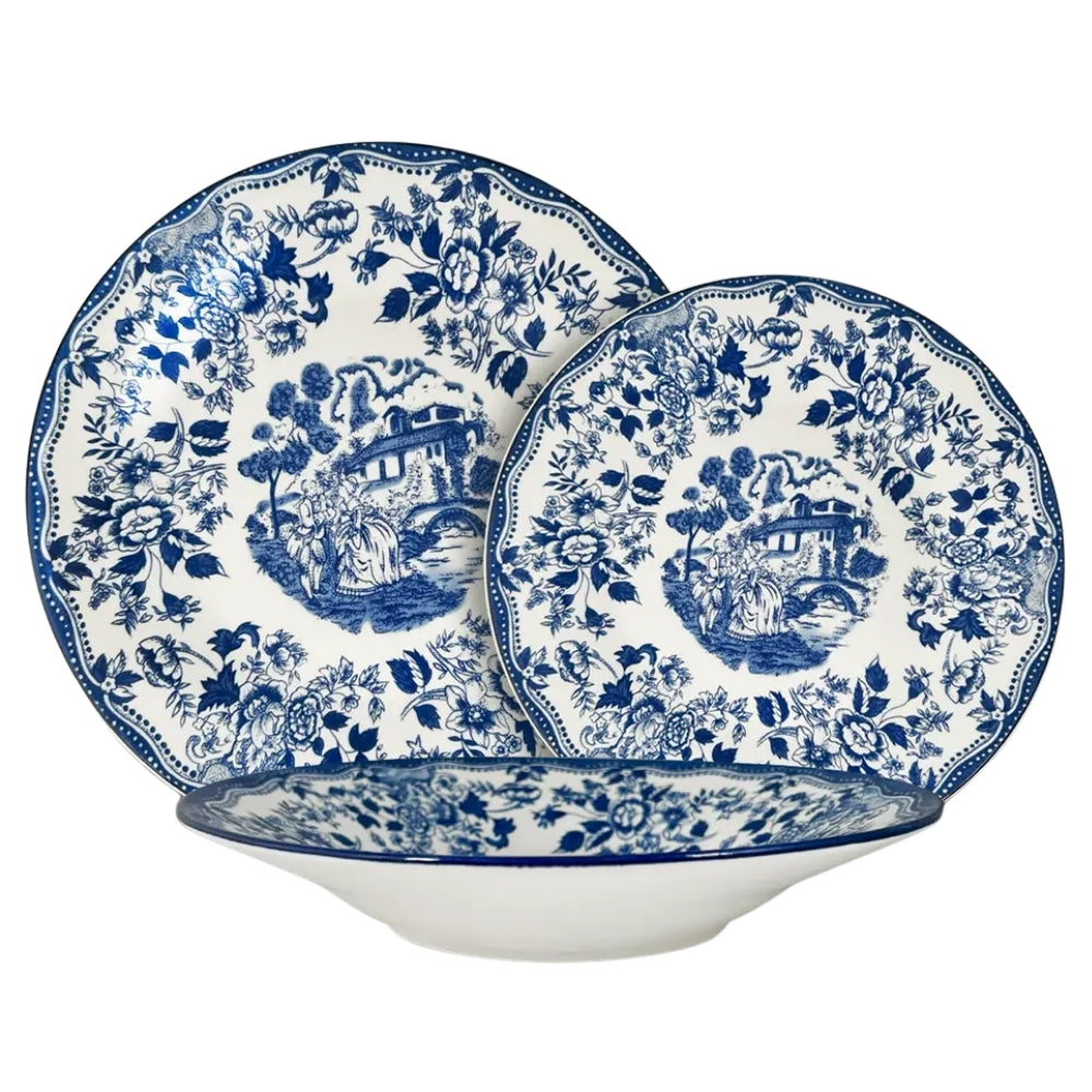 Servizio Piatti in Porcellana 6 Persone - Set Piatti 18 Pezzi - Inglese Blu