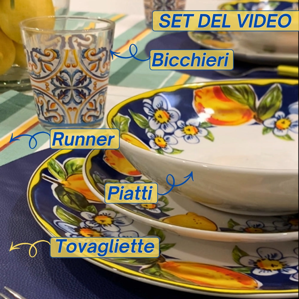 Bundle Servizio Piatti + Bicchieri in Porcellana 6 Persone 24 Pezzi - Set Piatti 18 Pezzi + 6 Bicchieri - Amalfi