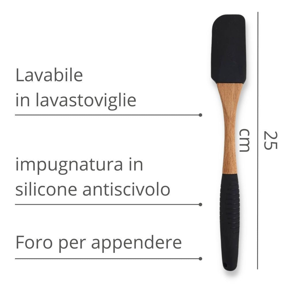 Spatola nera impugnatura in silicone con foro per appendere. L 25cm