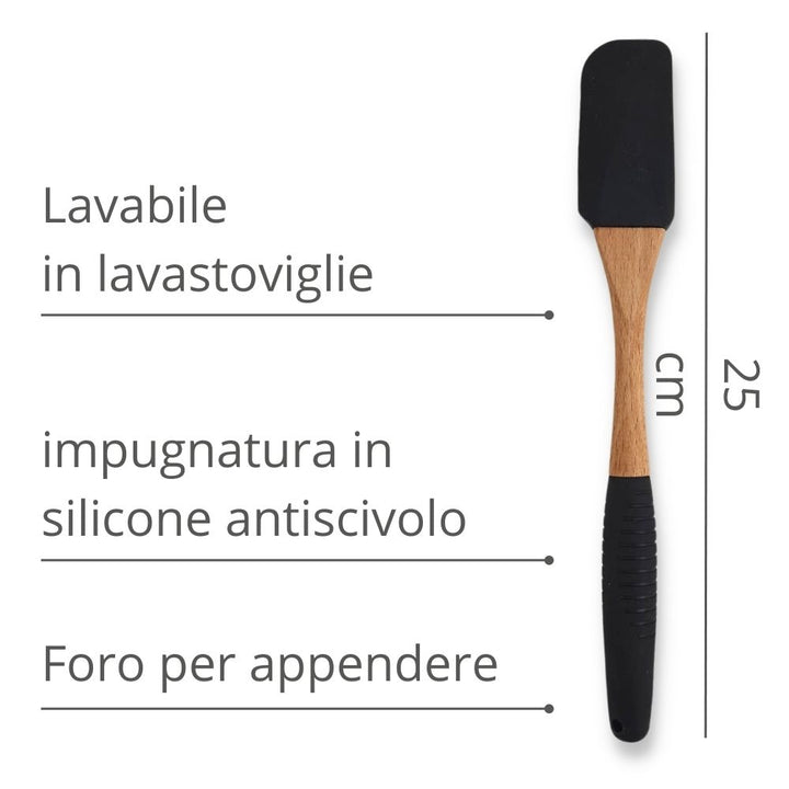 Spatola nera impugnatura in silicone con foro per appendere. L 25cm