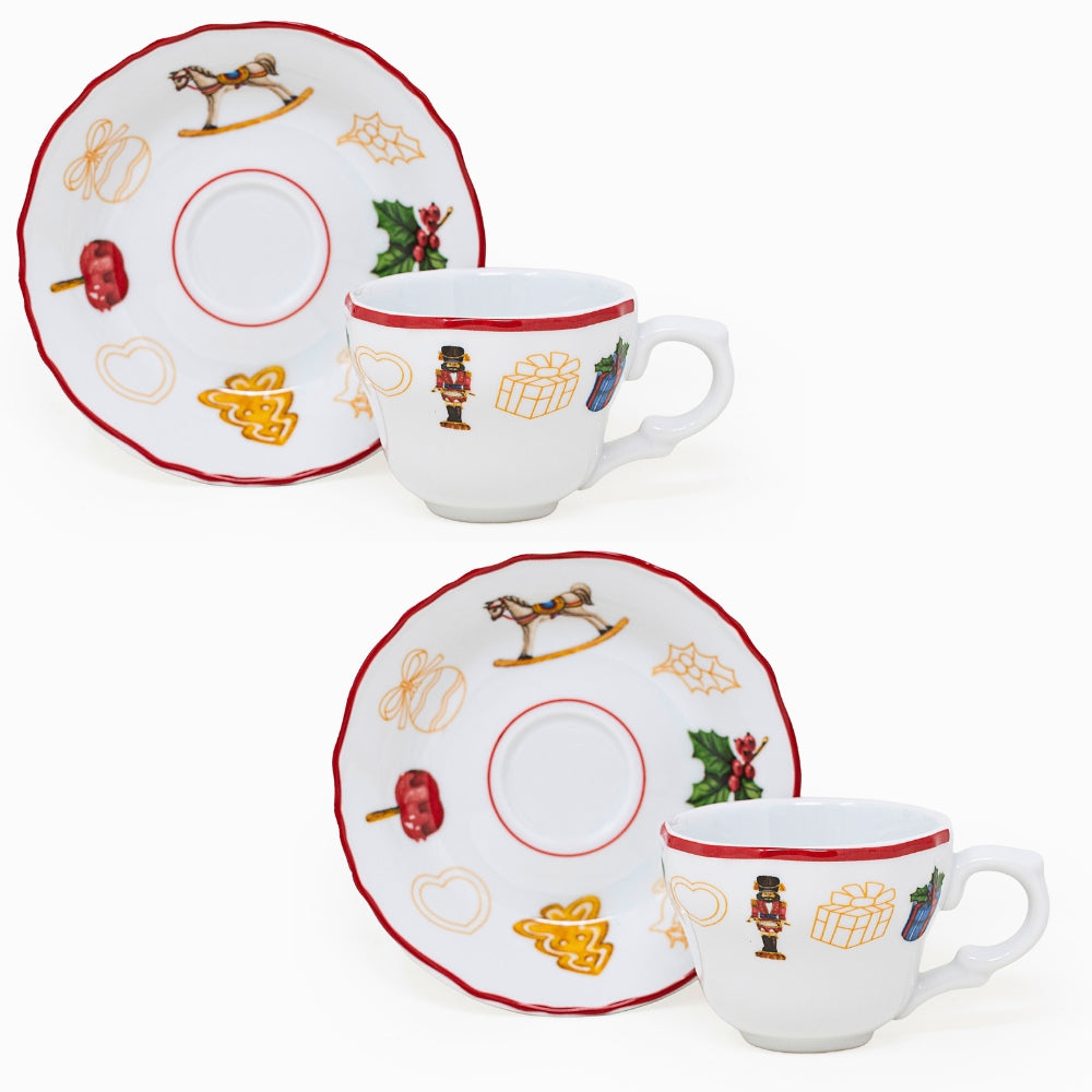 Set di 2 Tazzine Caffe Con Piattino Natalizie, Porcellana Resistente, 60 ML, Adatte In Lavastoviglie e Microonde