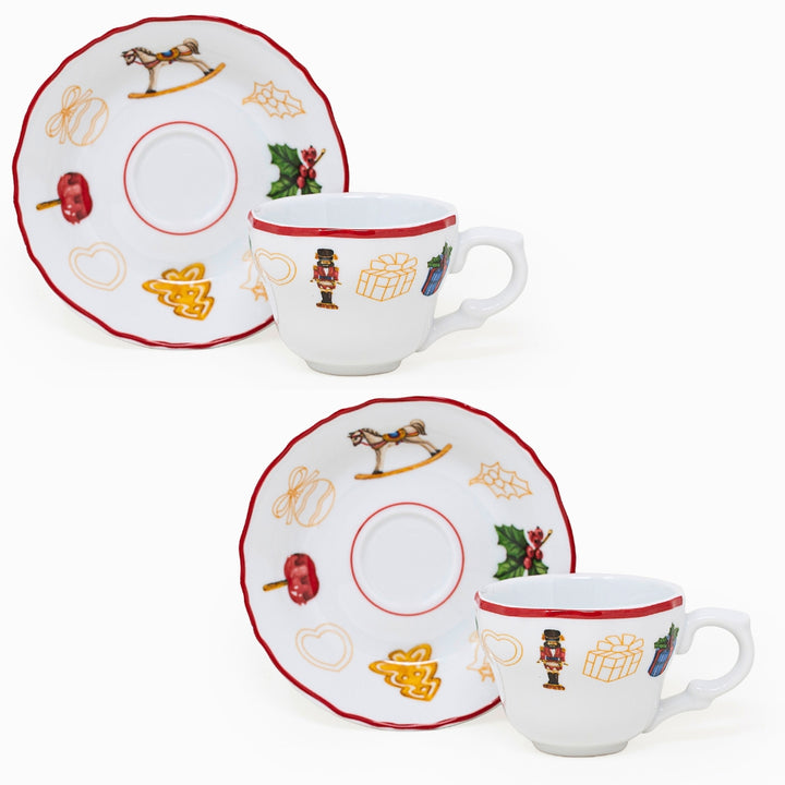 Set di 2 Tazzine Caffe Con Piattino Natalizie, Porcellana Resistente, 60 ML, Adatte In Lavastoviglie e Microonde