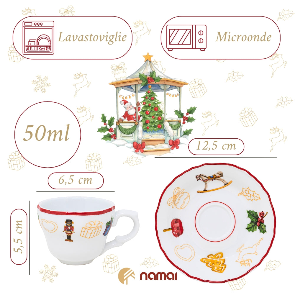 Set di 2 Tazzine Caffe Con Piattino Natalizie, Porcellana Resistente, 60 ML, Adatte In Lavastoviglie e Microonde
