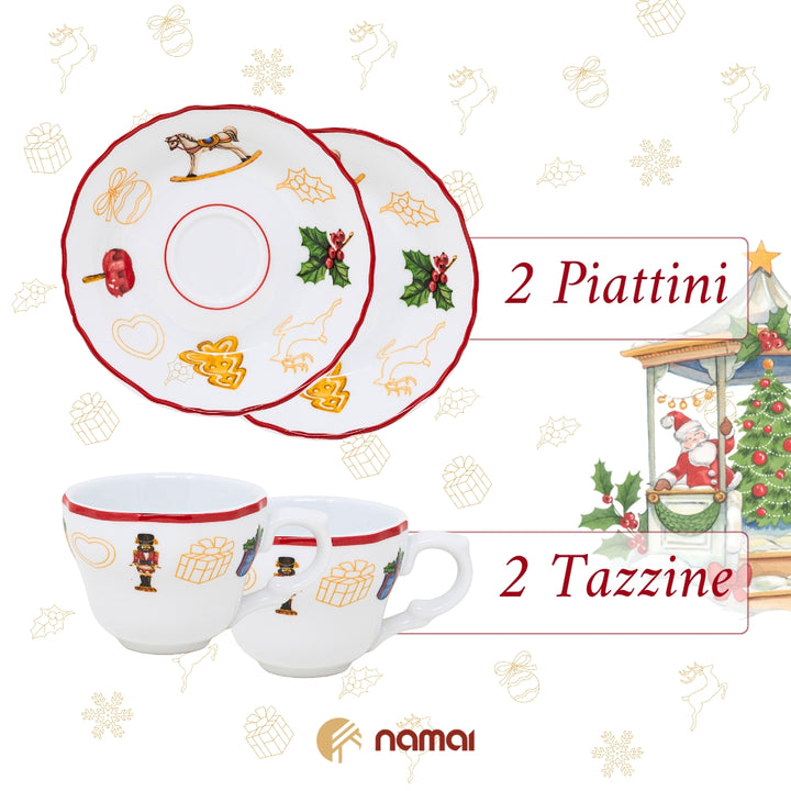 Set di 2 Tazzine Caffe Con Piattino Natalizie, Porcellana Resistente, 60 ML, Adatte In Lavastoviglie e Microonde