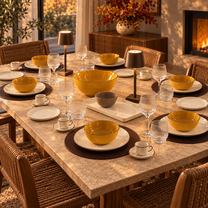 Terra d’Autunno — Tavola completa per 6 con piatti, servizio e caffè