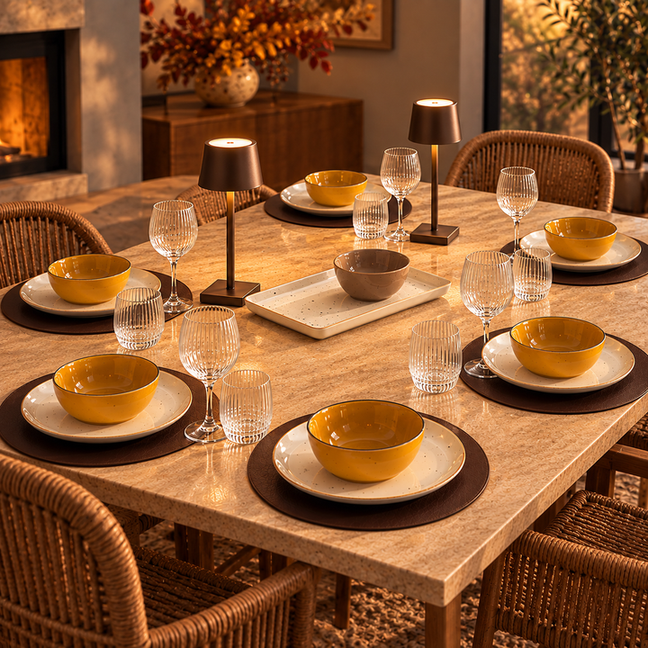 Terra d’Autunno — Tavola per 6 con bicchieri e calici, sottopiatti, vassoio e lampade