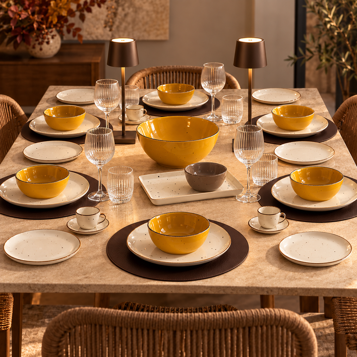 Terra d’Autunno — Tavola completa per 6 con piatti, servizio e caffè