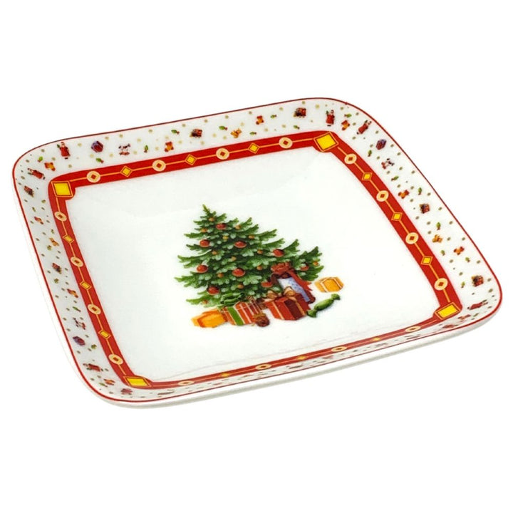 Piatto quadrato natalizio 18cm x 18cm, svuotatasche di natale in porcellana alta qualità fantasia albero di natale