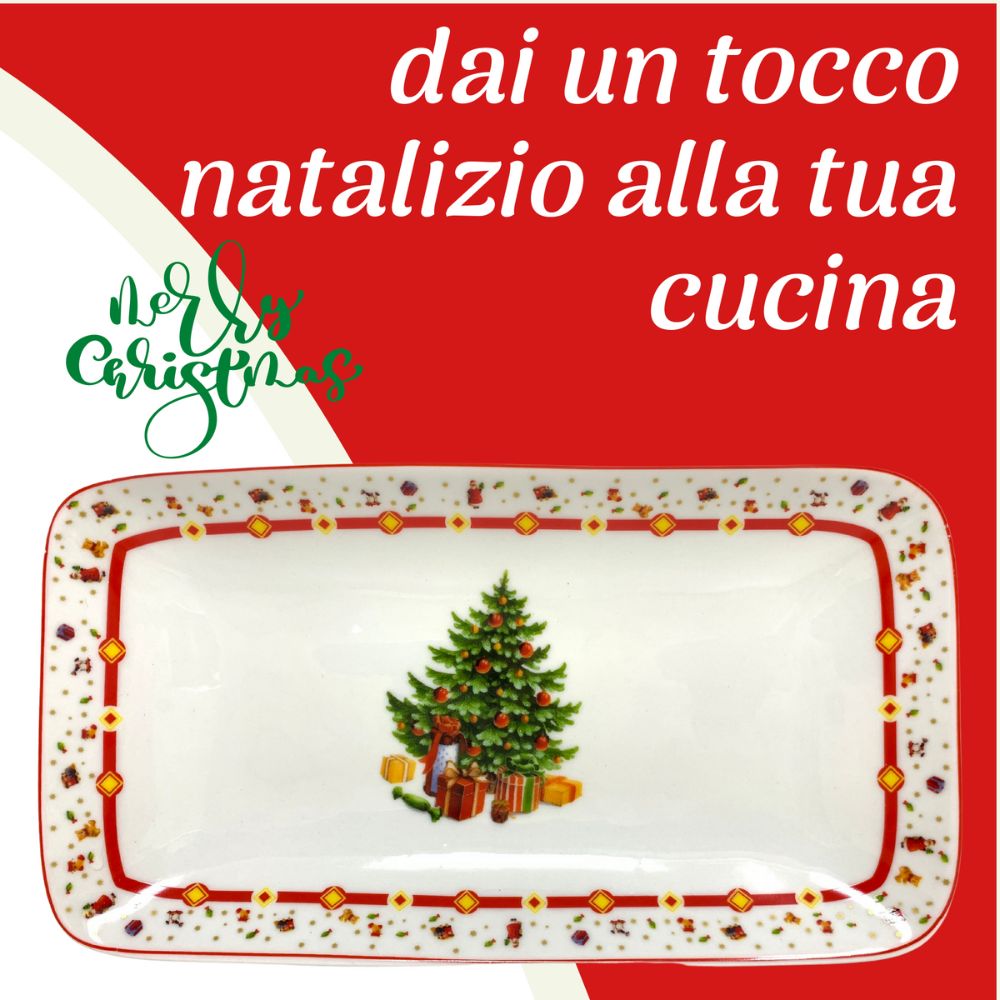 Vassoio per dolci rettangolare natalizio in porcellana 24cm x 13cm, fantasia albero di natale