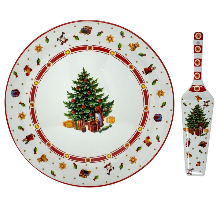 Piatto panettone natalizio 30cm con paletta in porcellana fantasia albero natale con regali