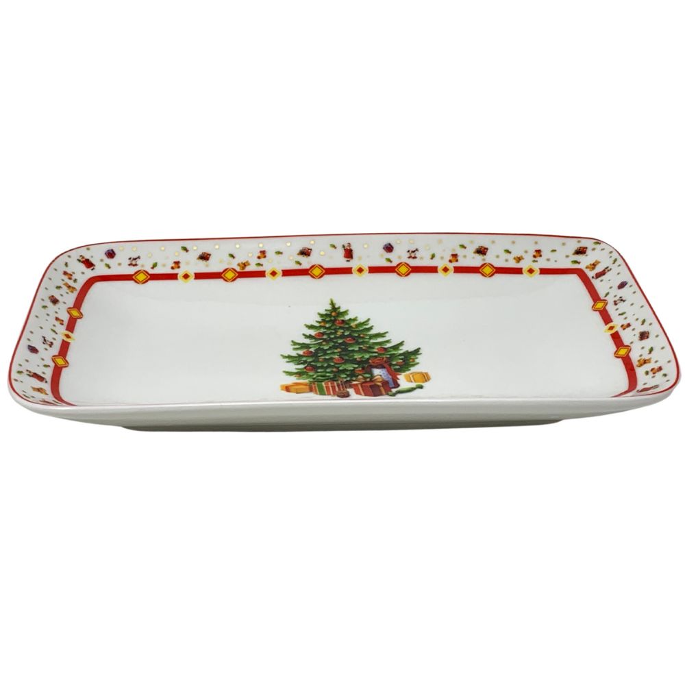 Vassoio rettangolare natalizio in porcellana alta qualità 24cm x 13cm, fantasia albero di natale