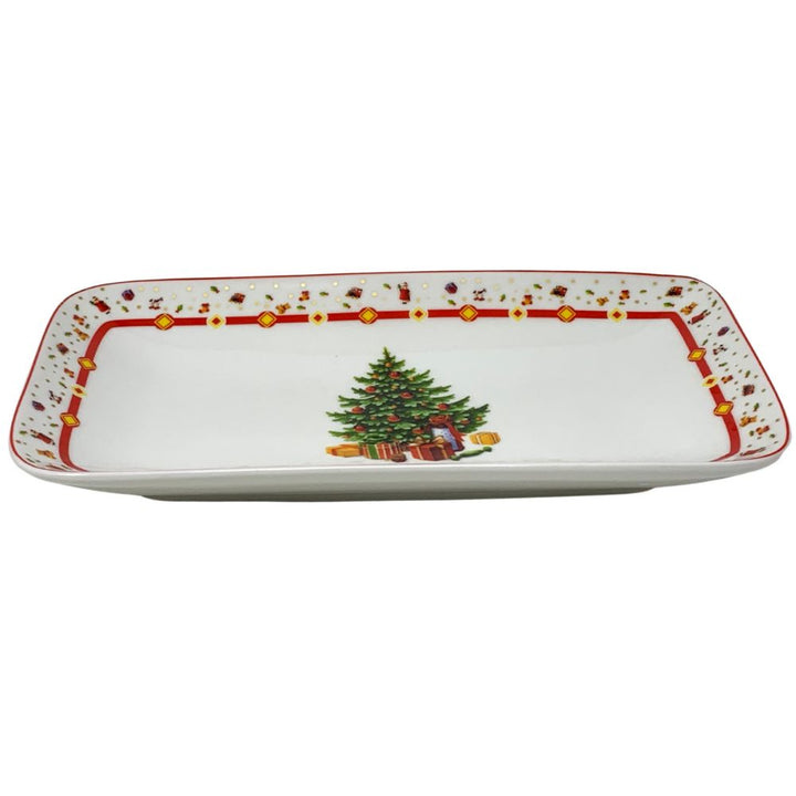 Vassoio rettangolare natalizio in porcellana alta qualità 24cm x 13cm, fantasia albero di natale