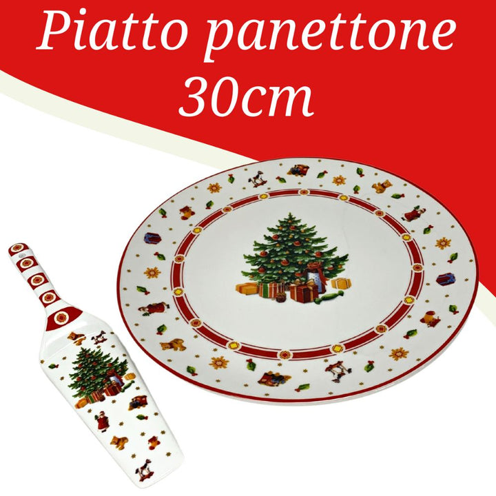 Piatto panettone natalizio 30cm con paletta pala in porcellana fantasia albero natale con regali