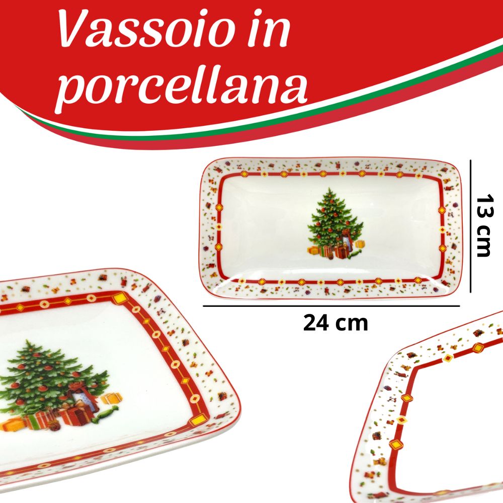 Vassoio rettangolare natalizio in porcellana 24cm x 13cm, fantasia albero di natale