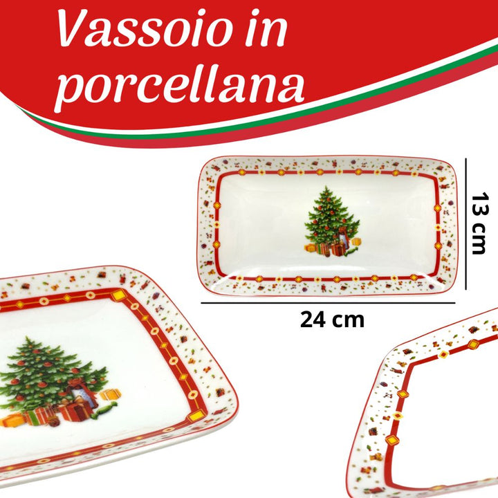 Vassoio rettangolare natalizio in porcellana 24cm x 13cm, fantasia albero di natale