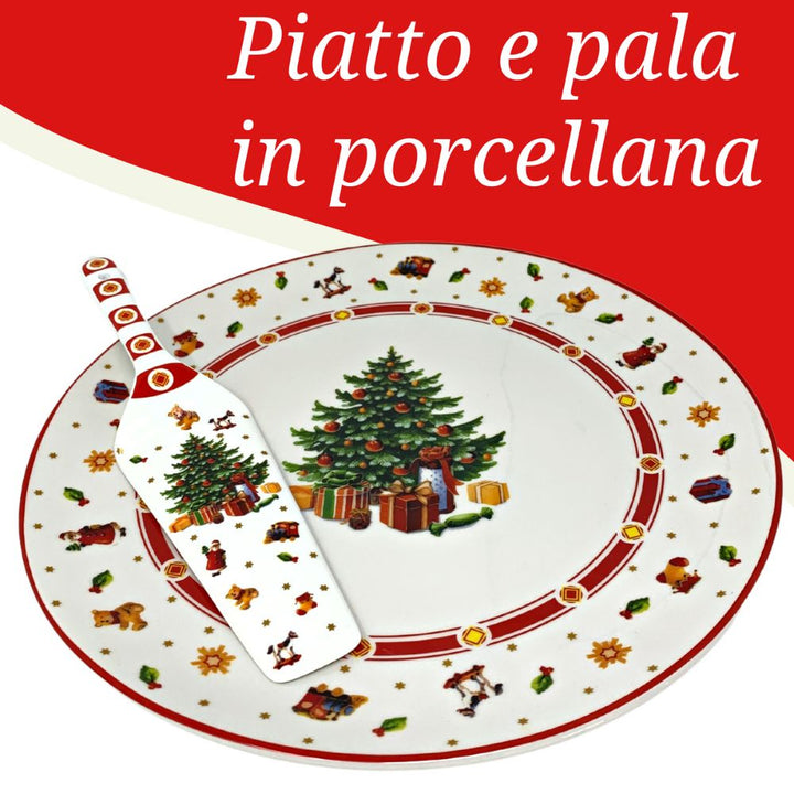 Piatto panettone natalizio e dolci 30cm con paletta in porcellana fantasia albero natale con regali