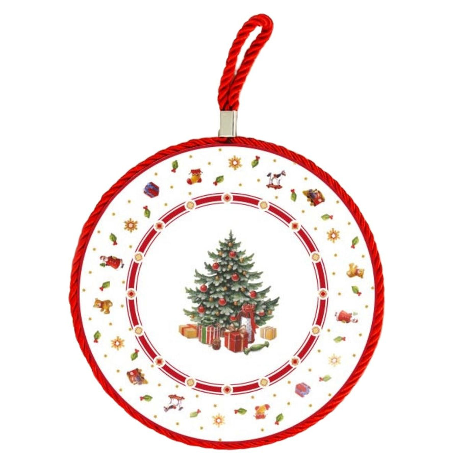 Sottopentola porcellana, cordonato con albero natale, base antiscivolo in sughero. Addobbi per le feste di natale.