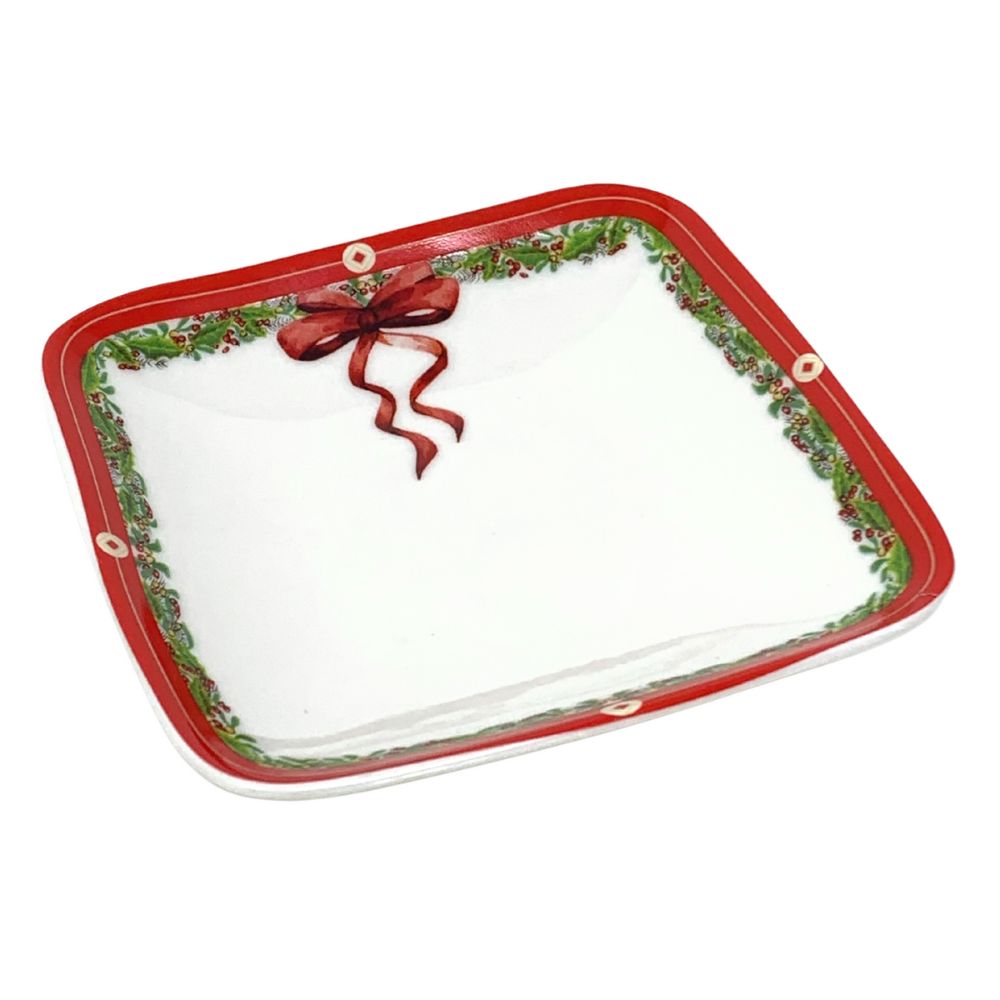 Piatto quadrato natalizio 12cm x 12cm, svuotatasche di natale in porcellana alta qualità fantasia fiocco e vischio