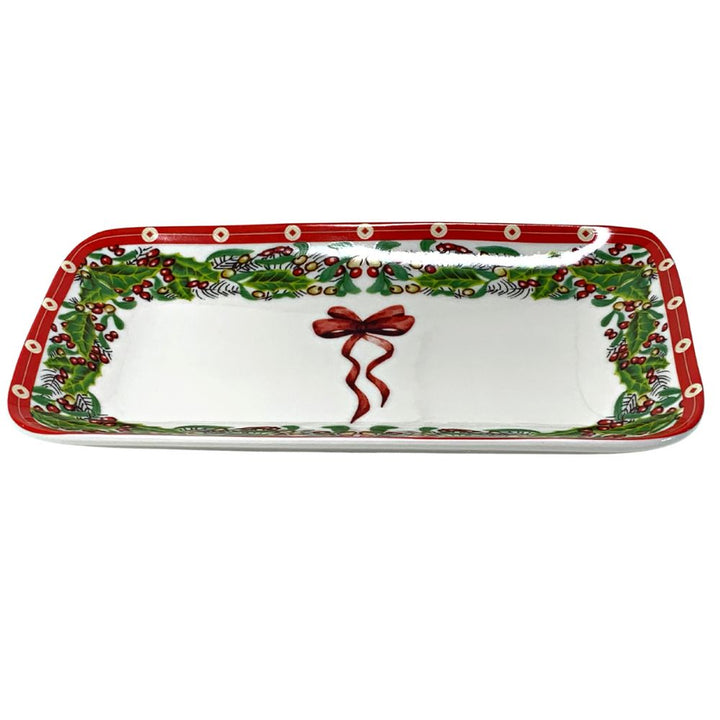 Vassoio rettangolare natalizio in porcellana 24cm x 13cm alta qualità, fantasia fiocco e vischio
