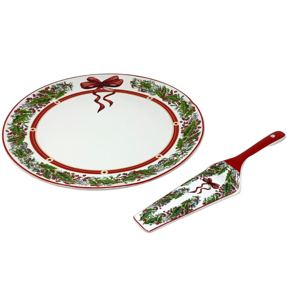 Piatto panettone natalizio 30cm con paletta in porcellana fantasia fiocco natale vischio (33633204) (38866793)